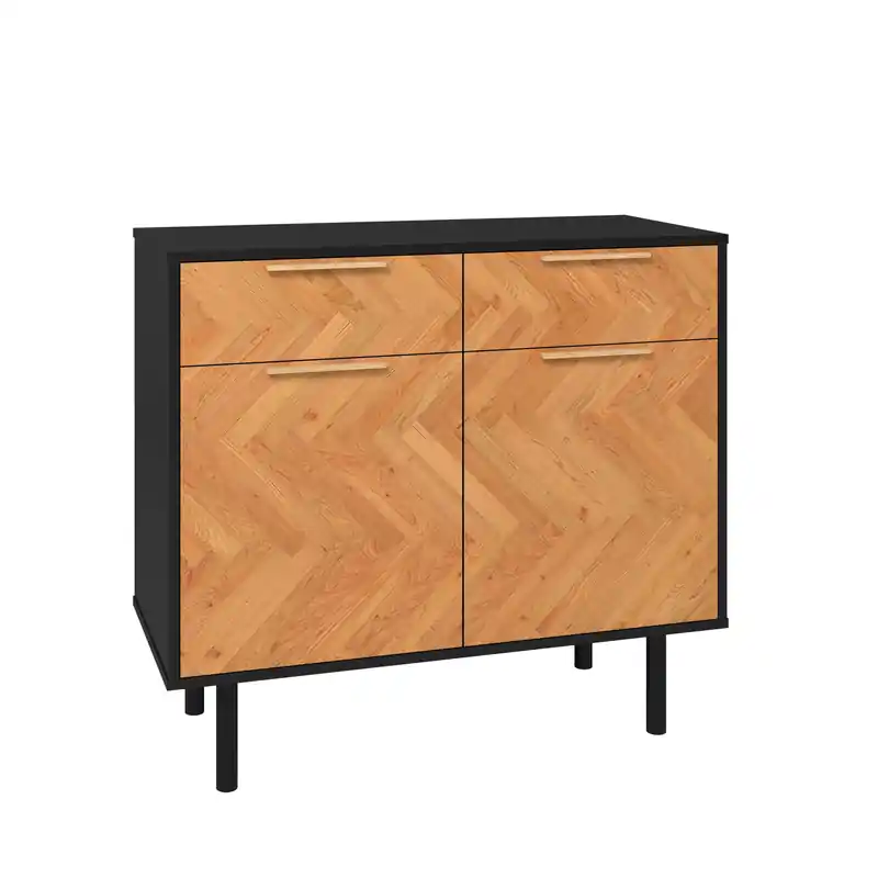 Mid-Century Modern Sideboard Server | 2-Drawer Storage Cabinet with Herringbone Wood Doors