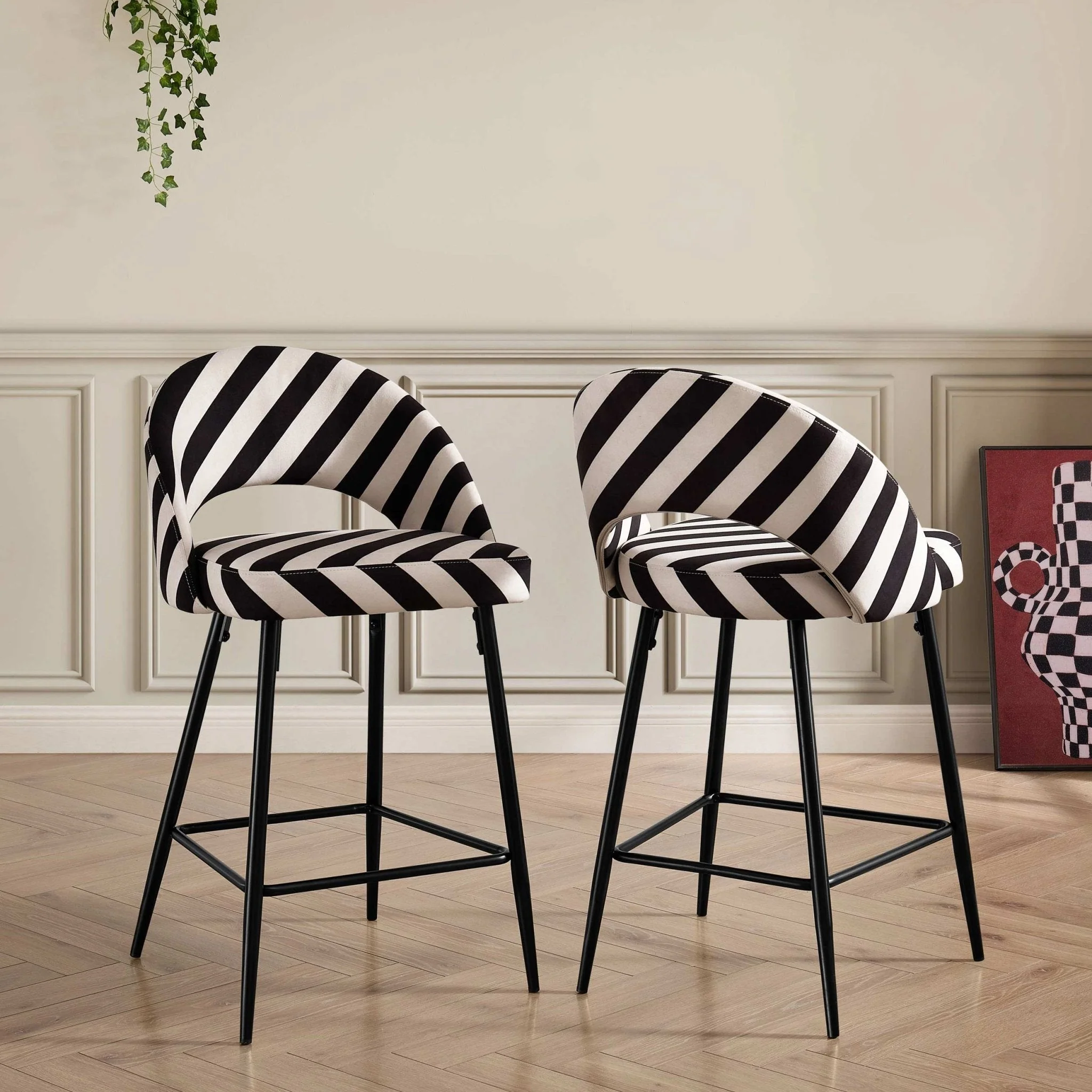 Retro Mono Stripe Fabric Barstool with Half-Moon Design for Kitchen