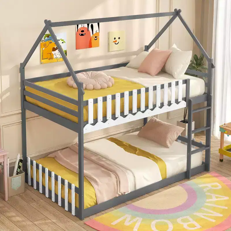 Costway Twin Over Twin Bunk Bed w/ Fence & Ladder Solid Wood Floor Bunk Bed for Kids Gray