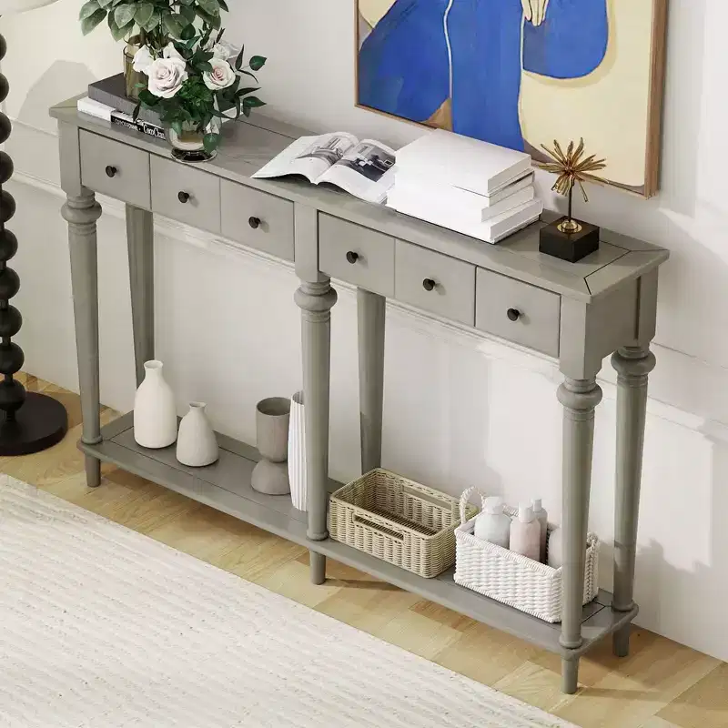 Okak 59.8IN Retro Entryway Table with 4 Drawers, Narrow Console Table with Open Shelves, Hallway Table for Living Room, Foyer, Gray Wash