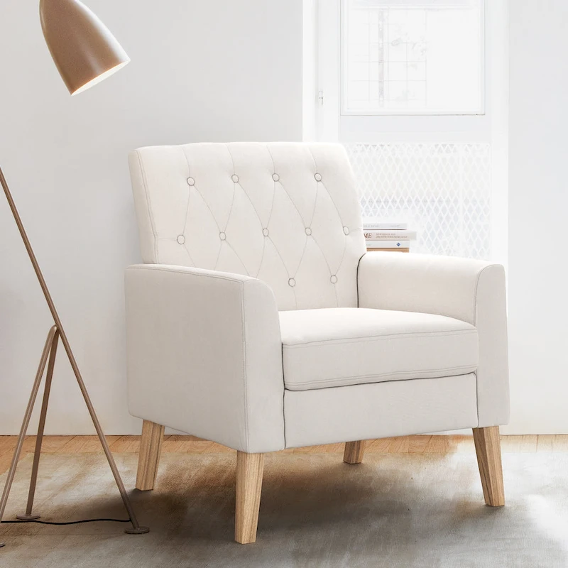 LUE BONA Linen Accent Chair Comfy Living Room Chair with Arms Upholstered Button Tufted Armchair Modern Arm Chairs