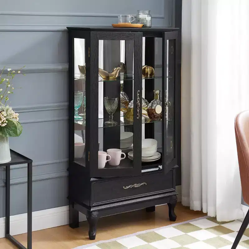 Elegant Lighted Glass Curio Display Cabinet - Wooden Frame Storage for Living Room, Kitchen & Pantry - Ideal for Wine, Toys & Collectibles - Black