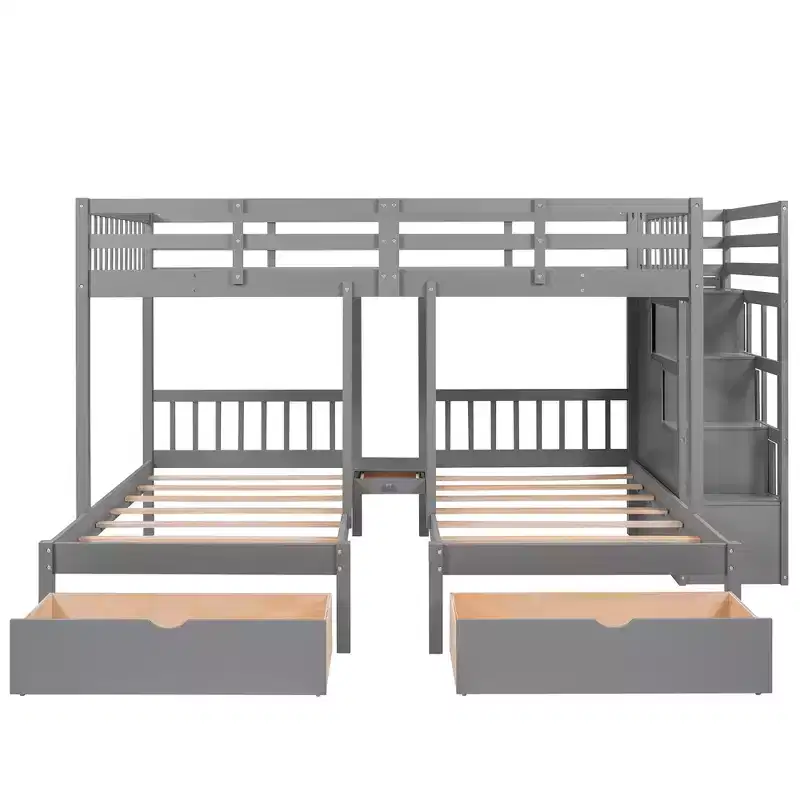 Full Over Twin & Twin Triple Bunk Bed with Storage Stairs, Pine Wood