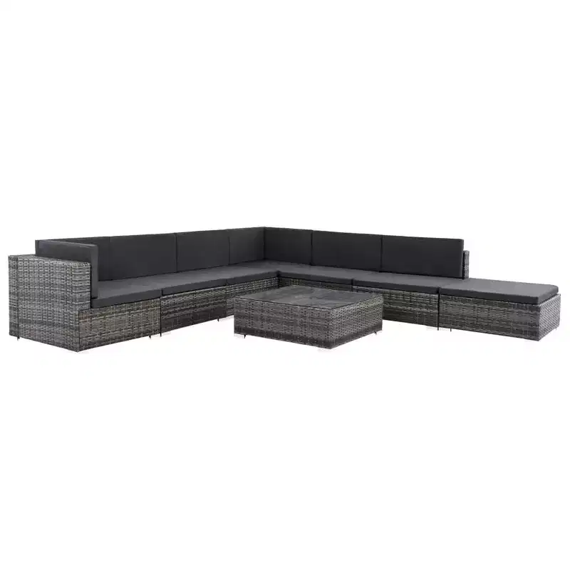 vidaXL Gray 8 Piece Patio Set - Poly Rattan Lounge with Cushions, Corner & Center Sofas, Coffee Table, and Ottoman - Indoor/Outdoor Garden Furniture