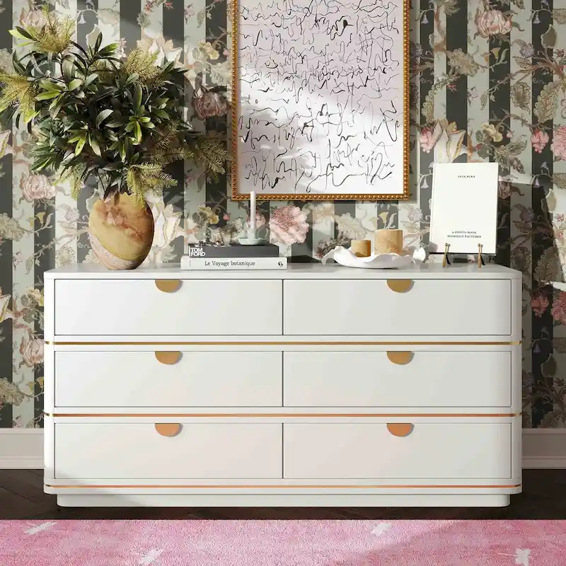 6-Drawer Dresser – Grey / Black / Cream, Acacia Wood, Brass Pulls, Art Deco Style