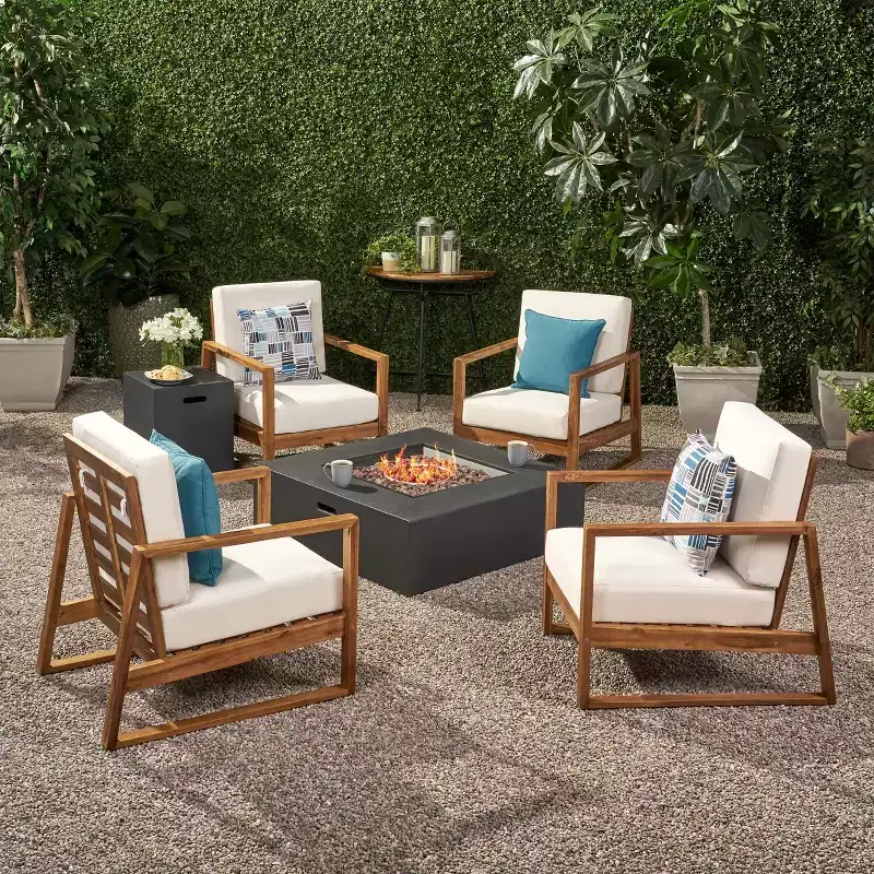GDFStudio Lafayette Outdoor Acacia Wood 5 Piece Club Chair and Fire Pit Set with Cushions