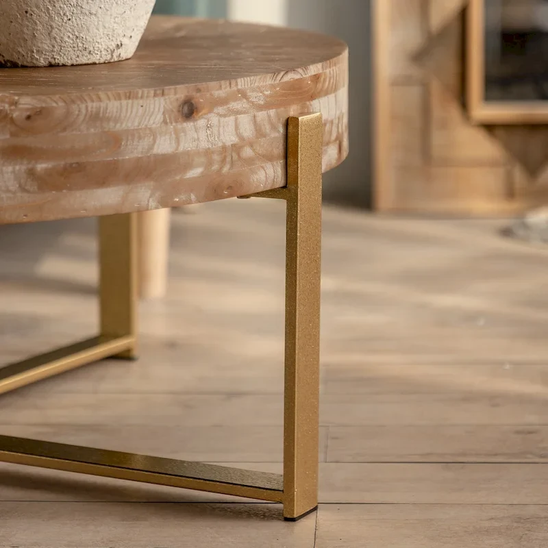 31.29Modern Retro Splicing Round Coffee Table , Fir Wood Table Top with Cross Legs Metal Base