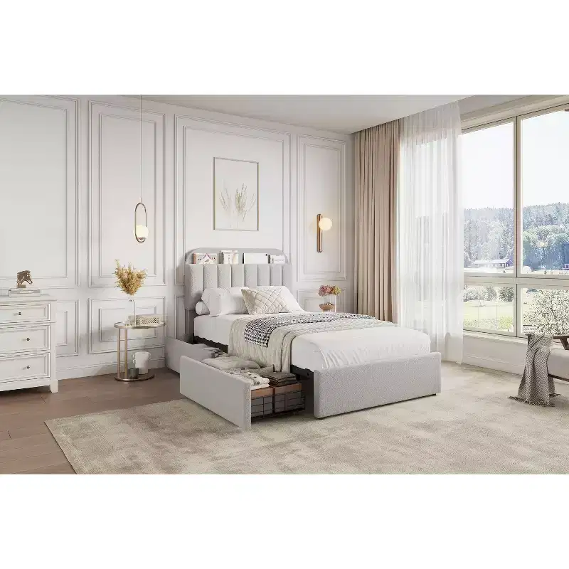 Boucle Upholstered Platform Bed Frame with Storage Headboard & 2 Drawers - Modern Bookcase, Noise-Free, Easy Assembly, No Box Early season Needed
