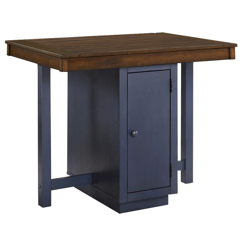 5 Piece Counter Height Dining Table Set, 4 Stools, Antique Oak, Blue Wood