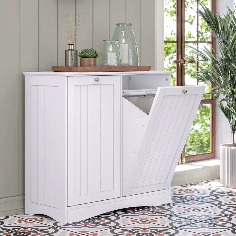 RiverRidge Home Ashland Double Tilt Out Laundry Hamper Cabinet with Removable Cloth Storage Bags White