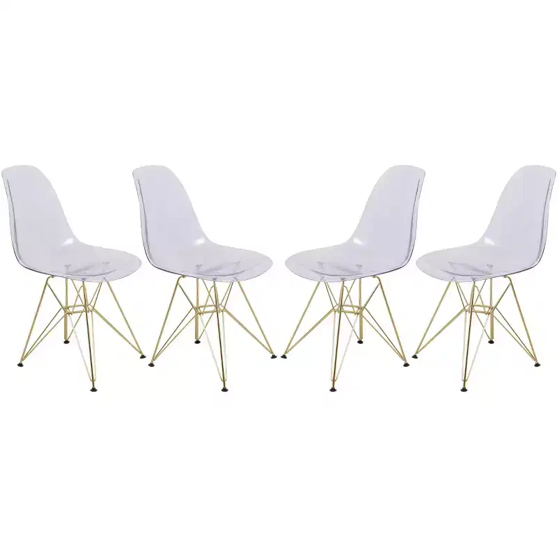 LeisureMod Cresco Modern Acrylic Dining Chairs (Set of 4)  Eiffel Gold Chrome Base, Stylish Accent Chairs for Contemporary Dining Rooms & Kitchens