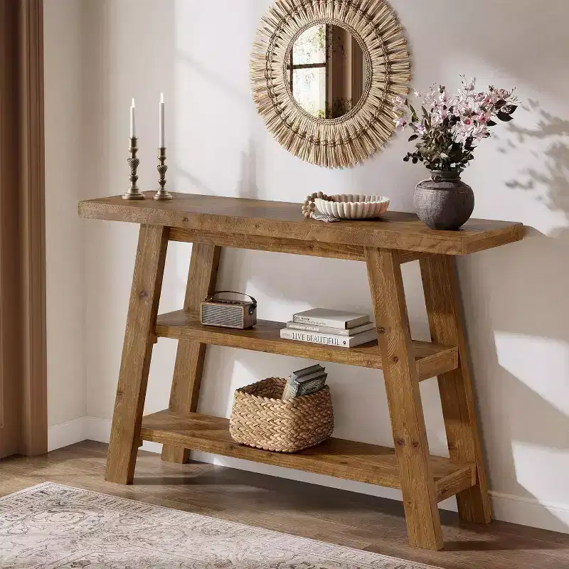 47.24-Inch Solid Wood Console Table, 3-Tier Farmhouse Entryway Table with Shelves, Narrow Accent Table for Living Room, Hallway