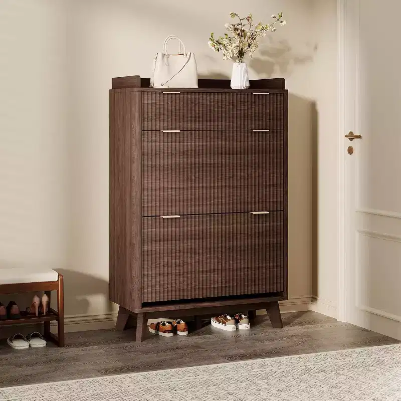 Narrow Storage Shoe Cabinet with Fluted Design, 2 Flip Drawers and Top Drawer