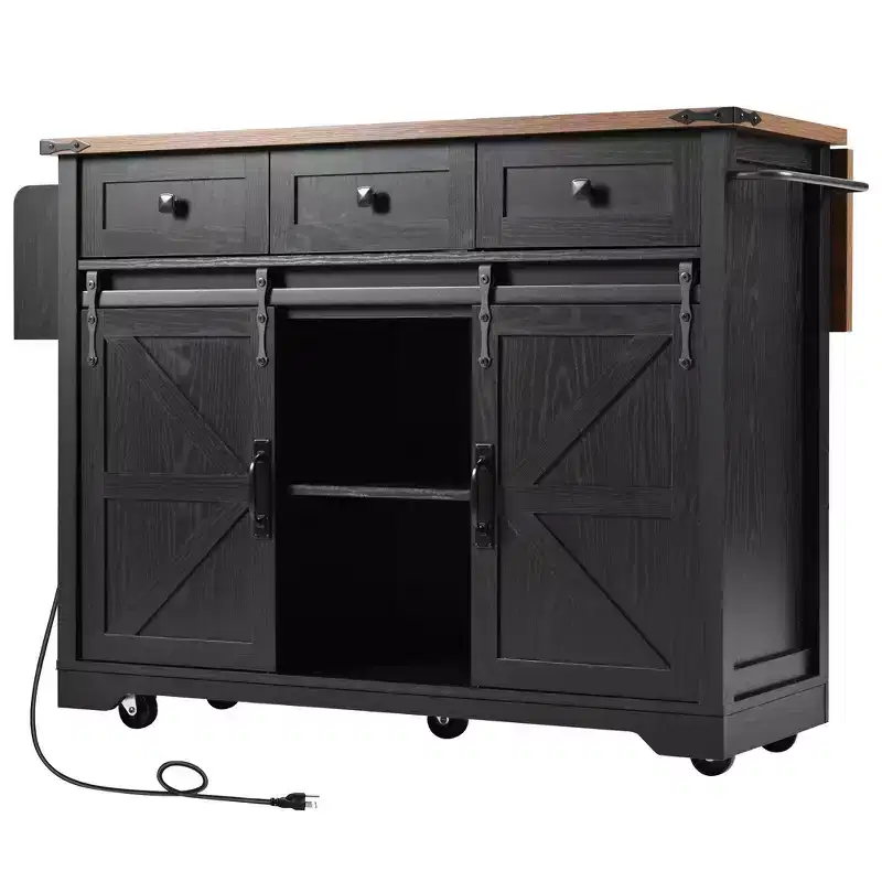 53.7 Farmhouse Kitchen Island with Power Outlet, 2 Sliding Barn Door Kitchen Storage Island with Drop Leaf