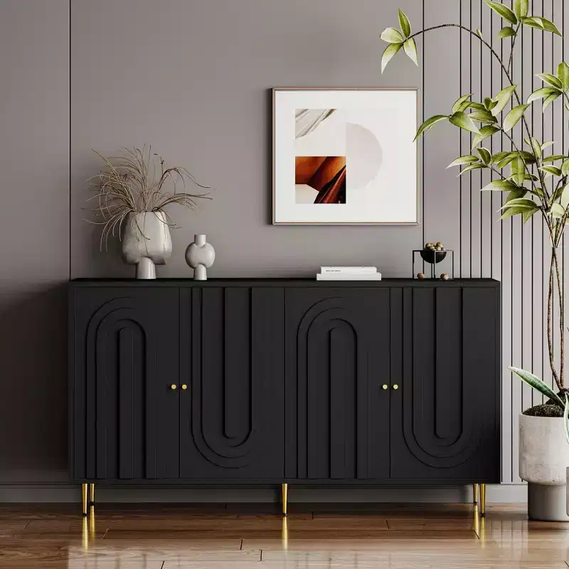 Versatile Black Lacquered 4-Door Wooden Cabinet - Sideboard Buffet Server for Living Room, Entryway, Hallway, Office, Kitchen and Dining Room