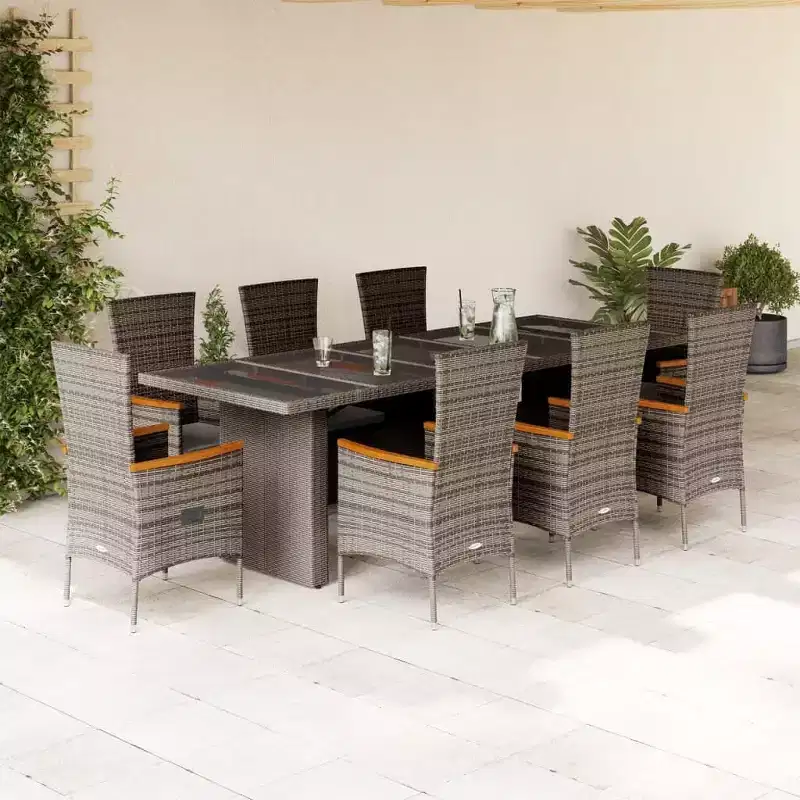 vidaXL - 9 Piece Patio Dining Set - Grey Poly Rattan with Glass Table & Cushions - Outdoor Seating for Garden, Backyard, Patio