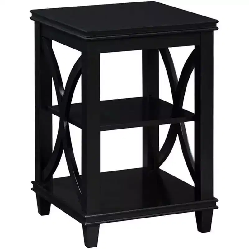 HomeStock Belmont End Table with Soft X-Shaped Side Design and Two Tier Shelves, Solid Rubberwood with Oak Veneer for Living Room Storage