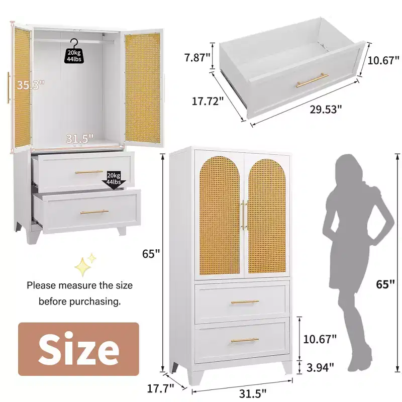 65 Rattan Armoire Wardrobe Closet with 2 Drawers, 2 Door, Hanging Rod Metal Clothing Storage Cabinet Large Tall Wicker Bedroom Armoire, White