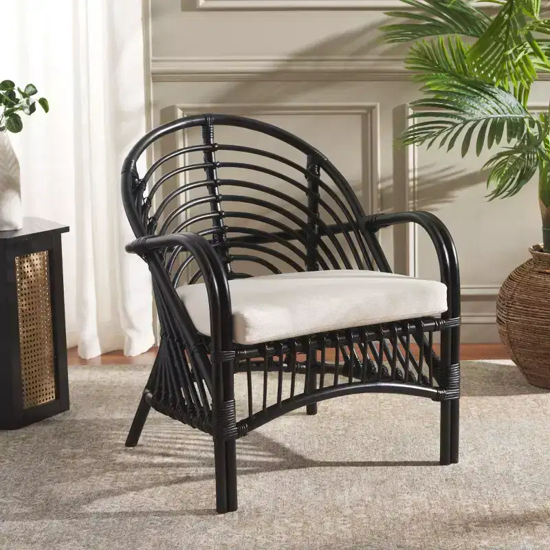 Rattan Accent Chair with Removable Cushion & Wood Frame