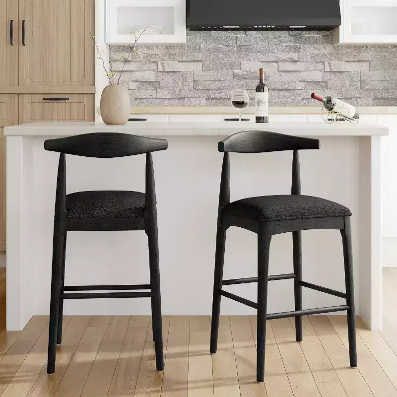 Mid-Century Modern Rubberwood Upholstered Bar Stools (Set of 2)
