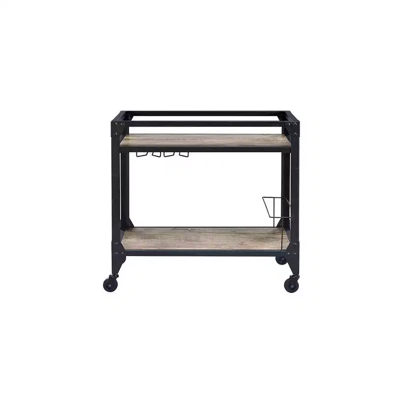 Rustic Oak Bar Serving Cart – Charcoal Finish, Caster Wheels