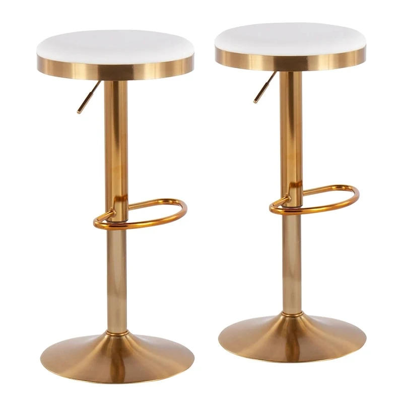 Set of 2 Counter Bar Stools | Gold Steel Frame | White Faux Leather | Adjustable Height