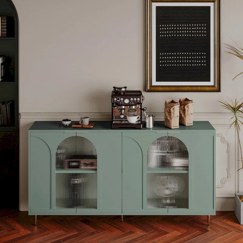 Accent Cabinet Lacquered Wooden Cabinet with 4 Glass Doors Sideboard Buffet