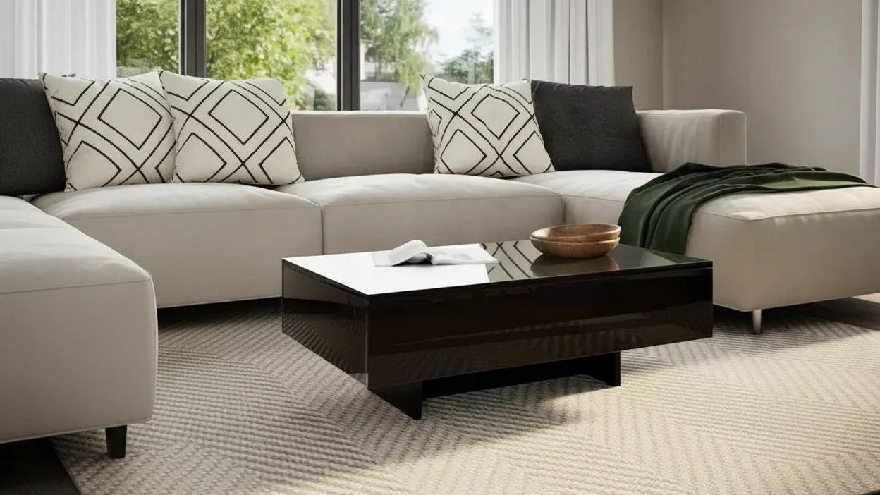 Coffee Table, High Gloss Black MDF, Modern Rectangle, 33.5