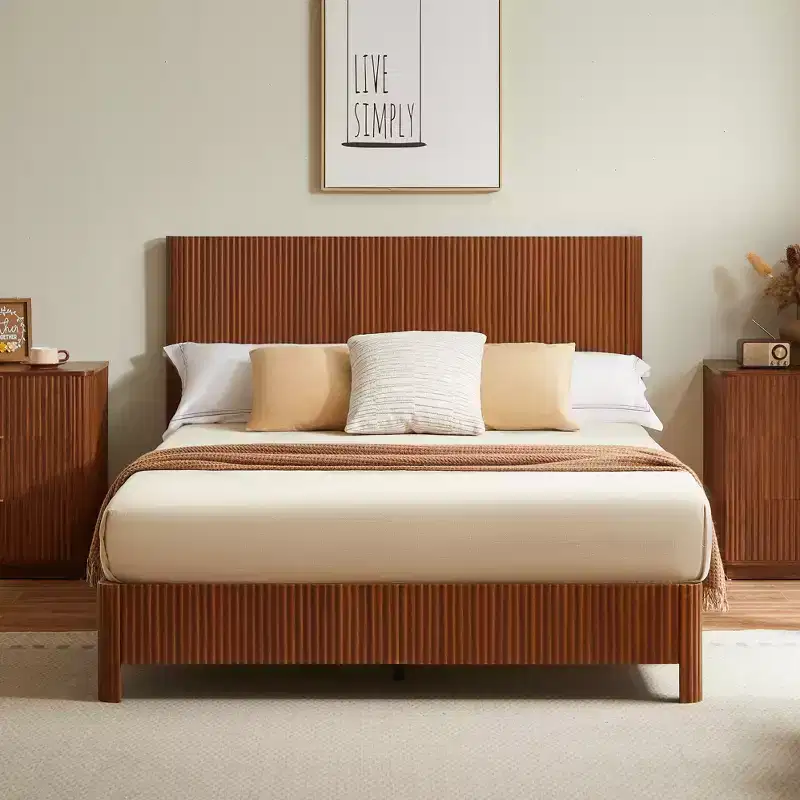 GDFStudio Whitmore Rustic Curved Wooden Bed Frame with Sturdy Iron Support