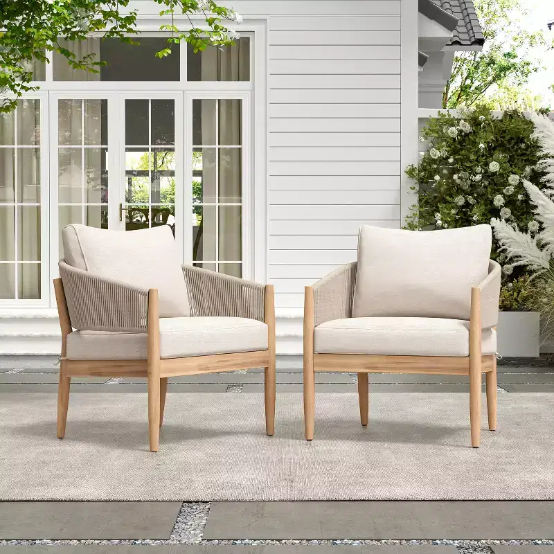 Christopher Knight Home Ryoma Modern Patio Acacia Wood Woven Rope Club Chair with Cushions (Set of 2)