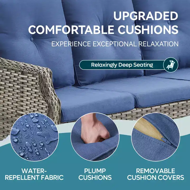 Bestier Patio Furniture Set, Wicker Rattan Sofa Chairs with Thick Cushion and 2 Ottoman, Outdoor Conversation Set for Backyard, Blue