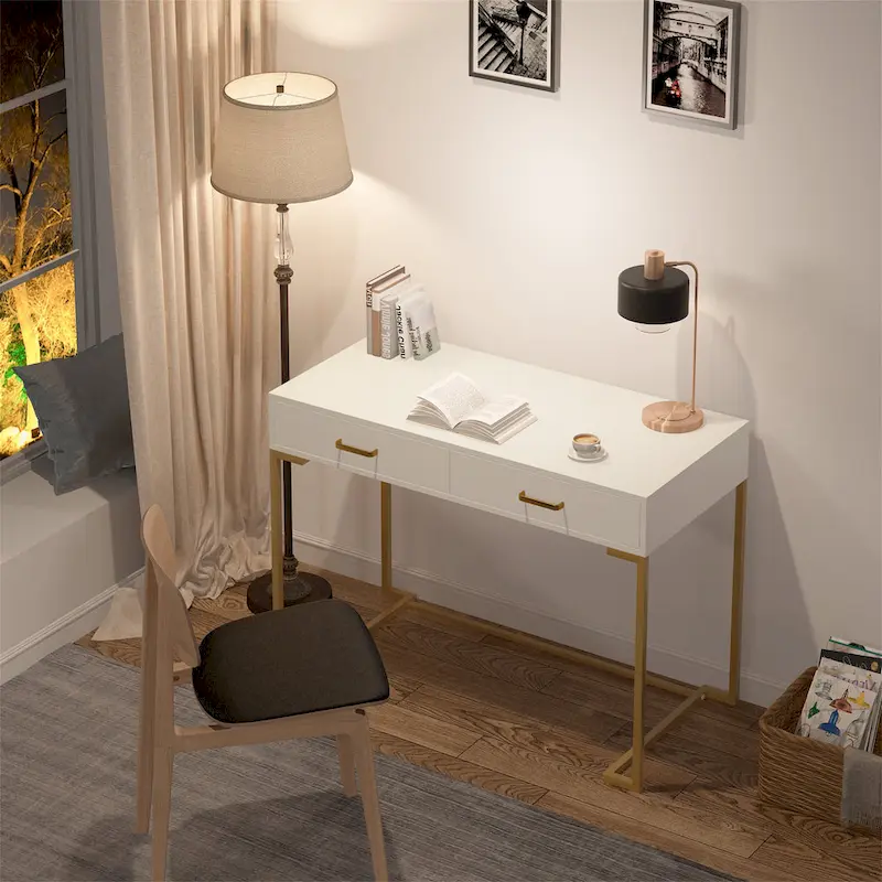 Computer Desk with 2 Drawers, ModernStudy Writing Table with Storage for Home Office