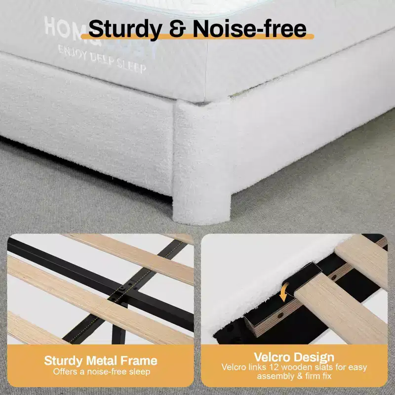 Dyonery Queen fabric bed frame with LED lights, floating bed frame with wavy headboard, no springs required, easy to assemble