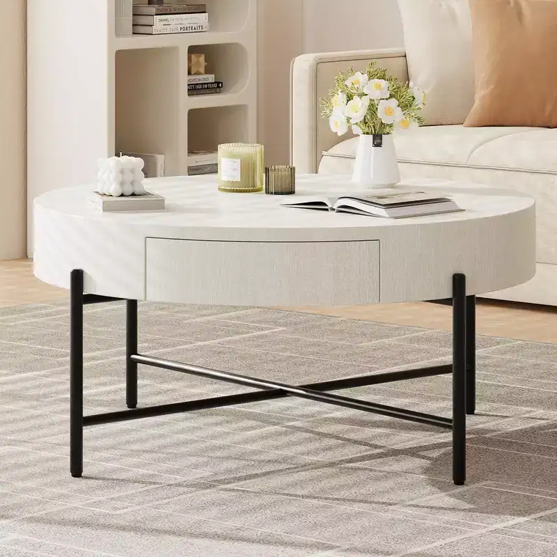 Circular coffee table,round table with drawers,easy to assemble wooden decorative center table,natural living room table