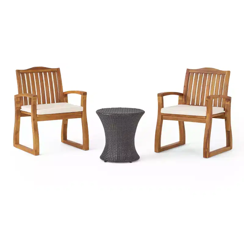 GDFStudio Copley Outdoor Acacia Wood and Wicker 3 Piece Chat Set with Cushion, Teak/Cream