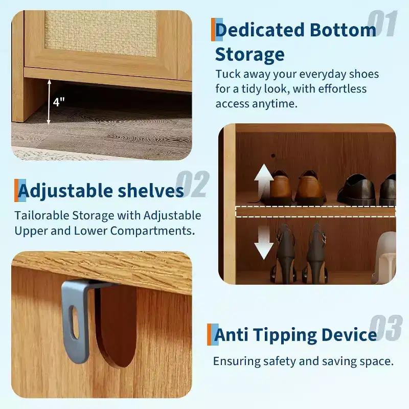 Shoe rack storage cabinet at the entrance, with a door and adjustable, suitable for corridors and living rooms, made of dark oak material
