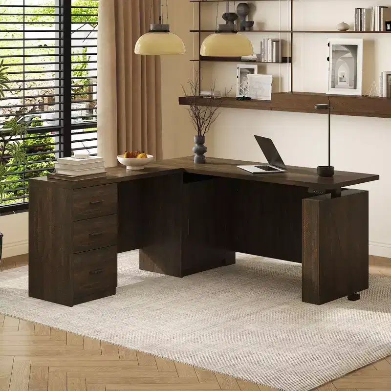 Famapy Dark Wood L - Shaped Adjustable Standing Desk Office Desk Computer Desk - Ergonomic Home Office Workstation with Storage