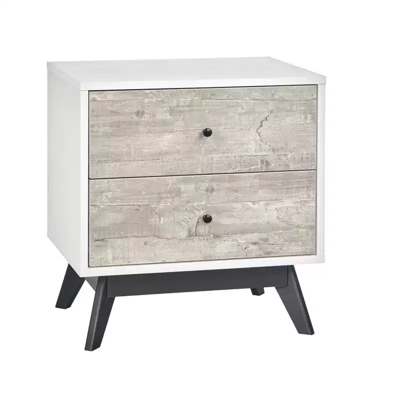 Mid-Century 2 Drawer Nightstand White/Weathered Gray