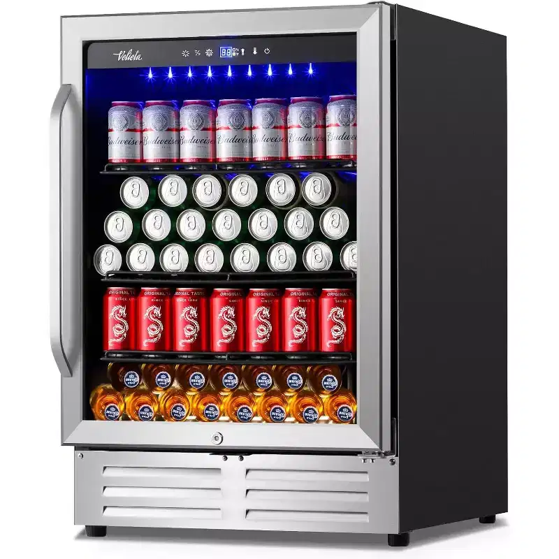 Hooure 24in Beverage Refrigerator, Mini Cooler with Reversible Glass Door- 210 Can Capacity with Professional Cooling System & Smart Controls