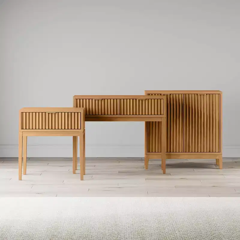 Nathan James Boho Wood Fluted Side Table with Drawer Brown: Mid-Century Modern, Brass Handle, Tapered Legs