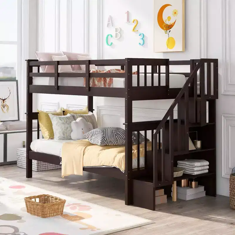 Stairway Twin over Twin Bunk Bed for Kids, Bunk Bed Frame with Storage and Guard Rail for Bedroom Dorm