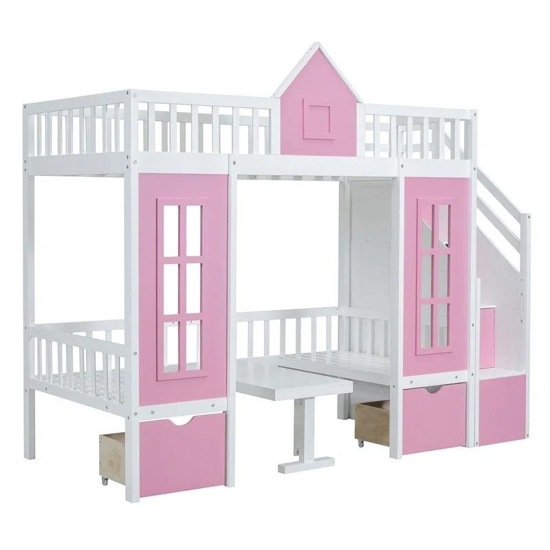 Twin-Over-Twin Bunk Bed with Changeable Table, Bunk Bed Turn into Upper Bed and Down Desk -Gray