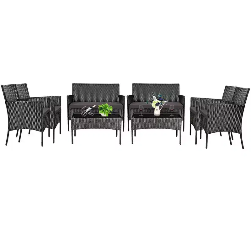 Costway 8PCS Patio Rattan Furniture Set Cushioned Sofa Coffee Table Backyard Turquoise/Red/Grey/White/Navy