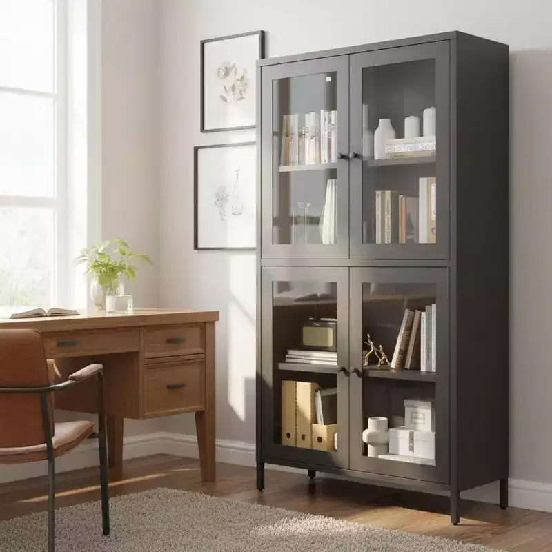 Classic Metal Storage Cabinet with 4 Glass Doors, Black Steel