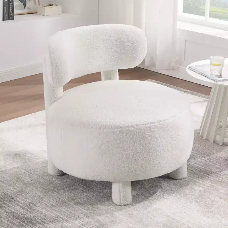Modern Round Accent Chair with Curved Backrest, Thick Upholstered Reading Chair with Wood Legs, Cozy Side Chair for Living Room and Bedroom