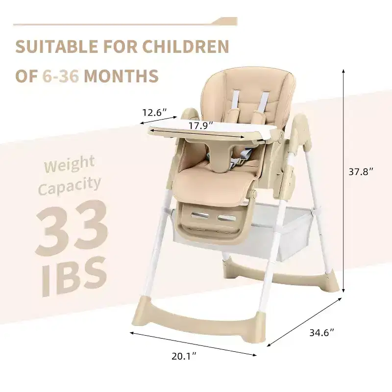 Foldable High Chair for Babies & Toddlers, Adjustable Backrest/Footrest/Height with Removable Tray, 5-Point Harness & Wheels
