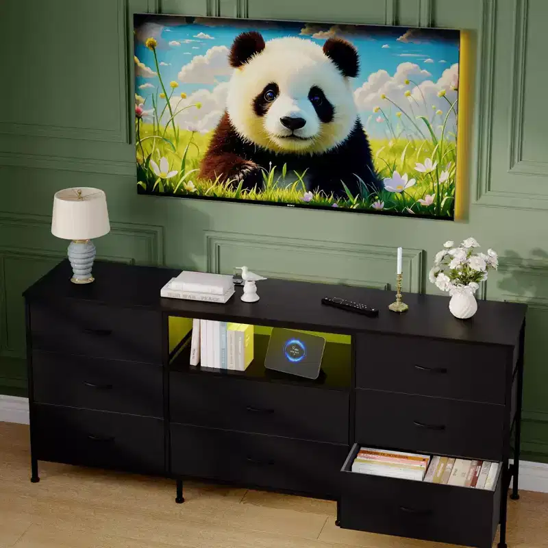 TV Stand Entertainment Center for 45-65 Inch TVs, with Lights, 8 Fabric Drawers, Metal Frame&Wood Top Storage Cabinet for Living Room,Bedroom,Hallway