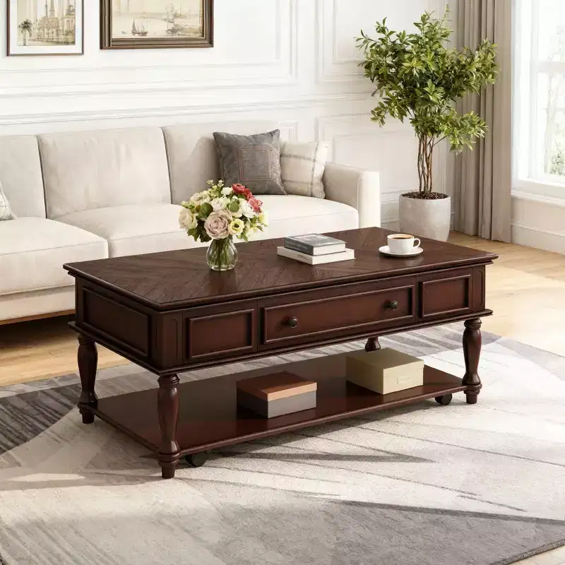 Farmhouse Coffee Table with One Drawer Lockable Wheels and Solid Wood Legs for Living Room, Espresso