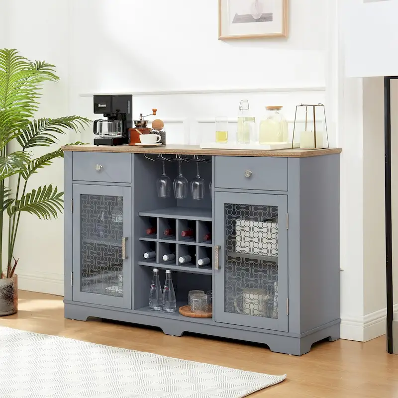 56.46W Sideboard with 2 Drawers and Elegant Glass Door Cabinets - N/A