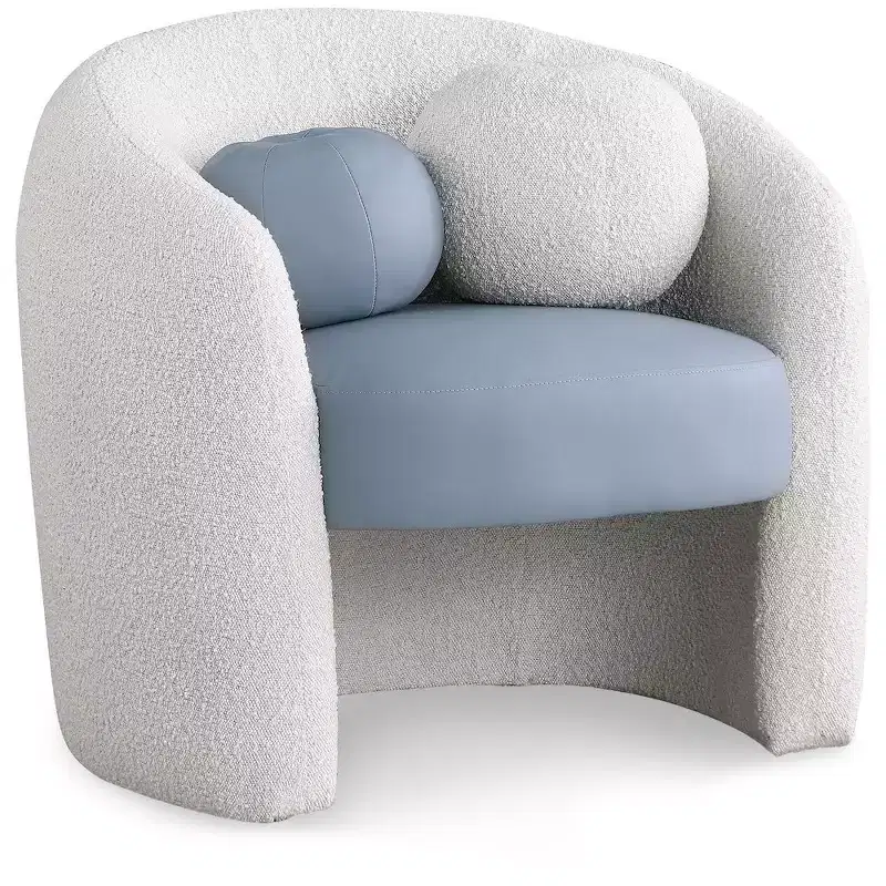 Barrel-Style Vegan Leather / Boucle Fabric Accent Chair with Rounded Back